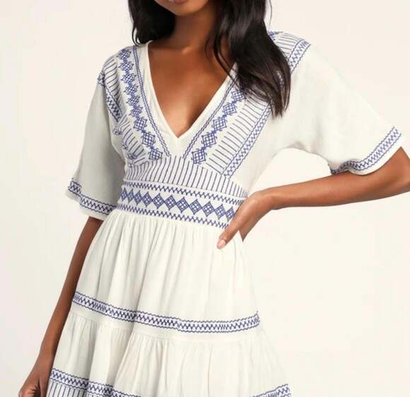 Lulus Dresses & Skirts - Lulus Gone to Greece White and Blue Embroidered Tiered Mini Dress Size S